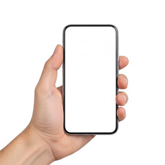 A hand holding a blank smartphone screen displaying no content or apps