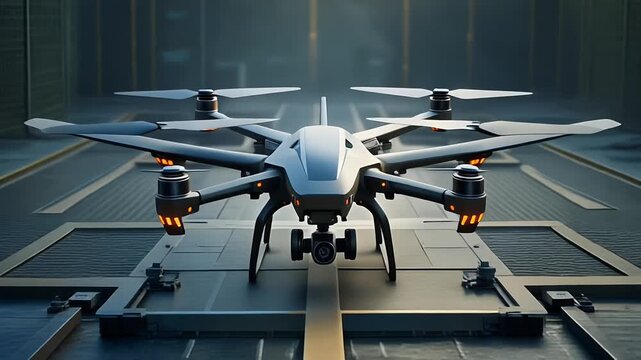 Futuristic multirotor drone hovering in indoor test facility.