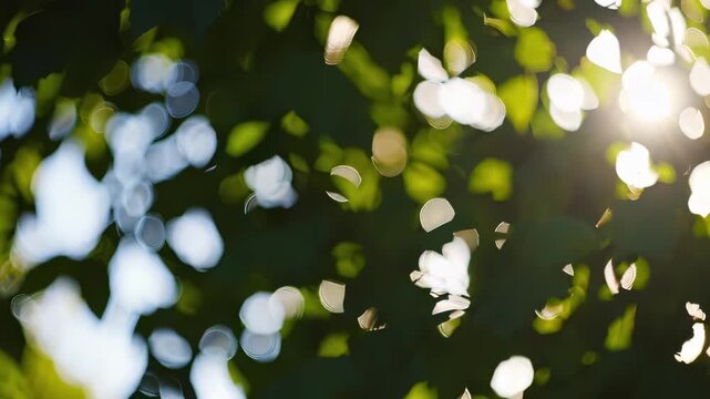 Soft-focus shot of sunlight filtering through leafy branches, creating circular bokeh and shifting patches of light and shadow; a calm, summery backdrop of greens with gentle motion and warmth.