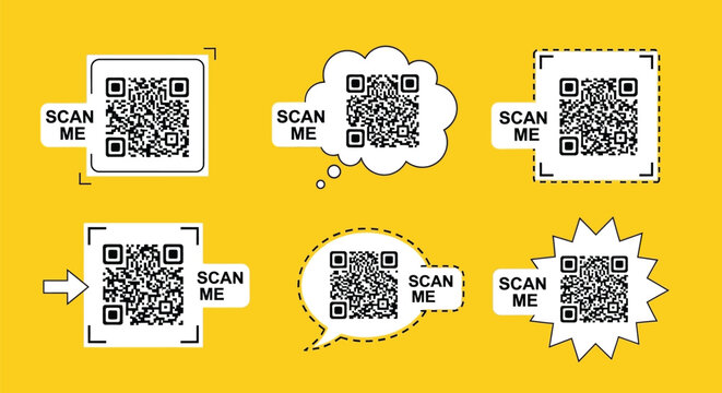 Multiple quick response codes are displayed within diverse graphic containers encouraging user interaction with scan me.