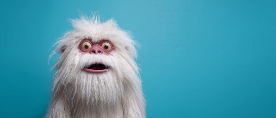 Naklejka premium Furry, wide eyed Sasquatch, Bigfoot looks upward with a surprised expression against a blue background. Its shaggy hair and wide eyes, with free space for text. Expression, humor, playful surprise.