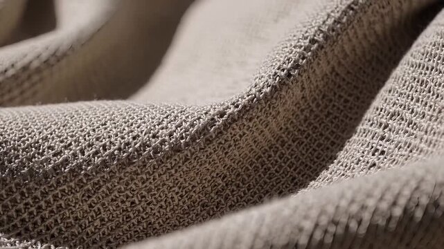 Warm light grazes a close-up of beige woven fabric, its tight grid and gentle folds casting soft shadows that reveal natural fibers and a tactile, cozy texture.