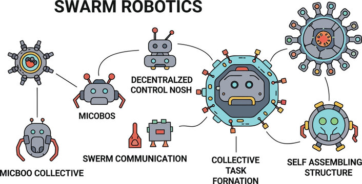Swarm robotics diagram illustrates decentralized control and self-assembling structures connecting various robot units.