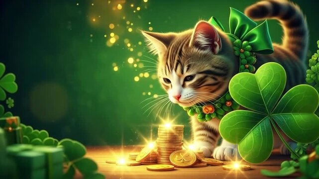 Adorable cat in a green bow and festive collar with shamrocks, gold coins, and bokeh lights on a wooden surface for St. Patricks Day celebration.