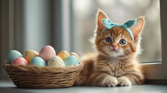 Cute orange kitten with blue bow sitting next to colorful easter eggs in basket by window. Easter, Pascha, Paskha, Ostern, Pascua, Paques - Orthodox and Catholic Holiday celebration