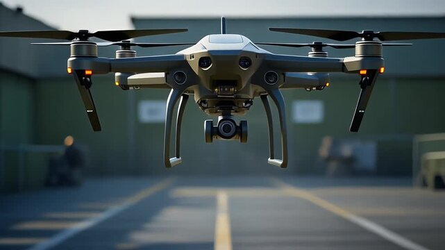 Quadcopter drone taking off and hovering on industrial landing pad.