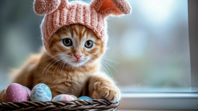 Adorable kitten in bunny hat with colorful easter eggs in basket. Easter, Pascha, Paskha, Ostern, Pascua, Paques - Orthodox and Catholic Holiday celebration