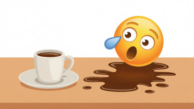 Surprised emoji character crying over spilled coffee cup on table