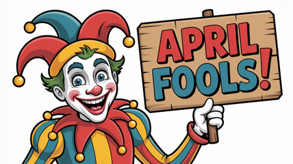 Obraz premium Colorful jester holding an april fools' sign with a playful expression on a white background