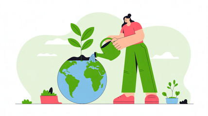 Woman nurturing a plant growing out of earth symbolizing eco friendly living and sustainability
