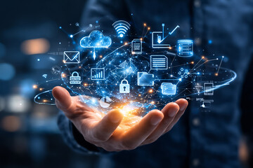 Fototapeta premium Business hand holding holographic digital ecosystem with cloud computing communication data analytics and cybersecurity technology icons