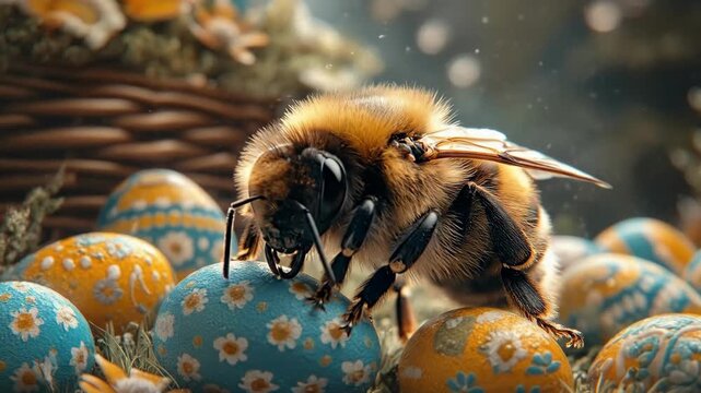 Adorable bee resting on vibrant decorated easter eggs in a basket outdoors. Easter, Pascha, Paskha, Ostern, Pascua, Paques - Orthodox and Catholic Holiday celebration