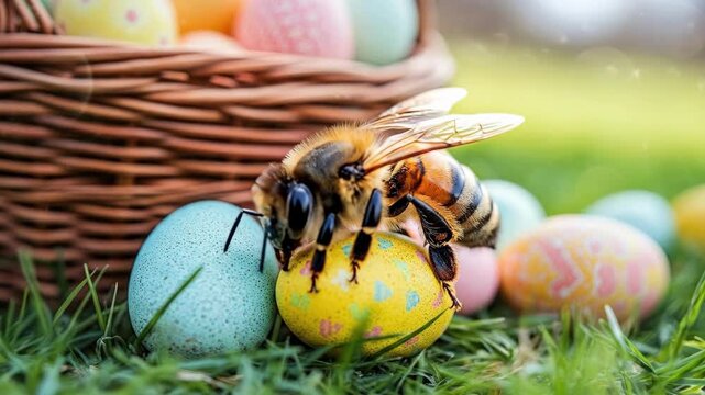 Vibrant bee on colorful easter eggs in grass with basket in background. Easter, Pascha, Paskha, Ostern, Pascua, Paques - Orthodox and Catholic Holiday celebration