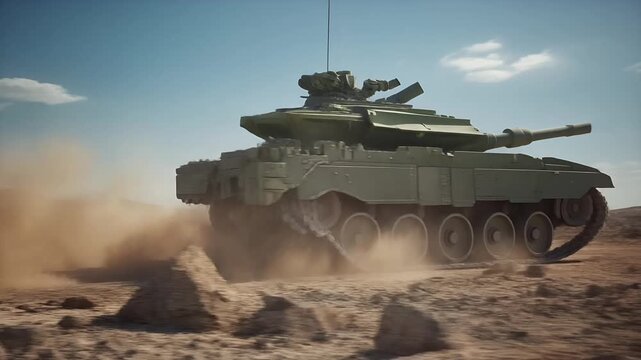 Armored battle tank advancing across rugged desert landscape.