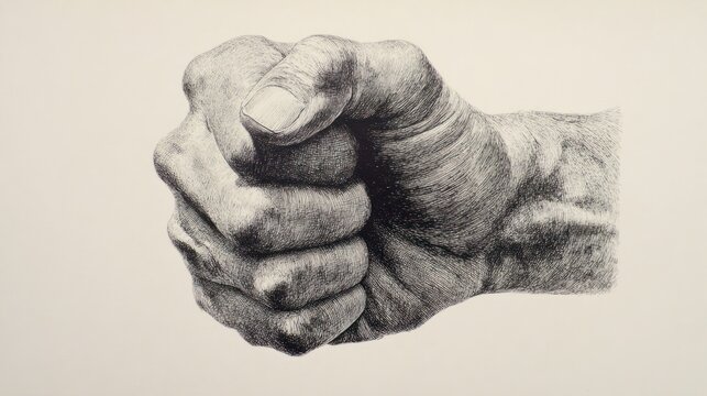 Graphite drawing of a clenched human fist, detailed with textures and light shading