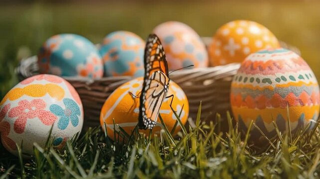 Vibrant monarch butterfly resting on grass with colorful easter eggs in background. Easter, Pascha, Paskha, Ostern, Pascua, Paques - Orthodox and Catholic Holiday celebration