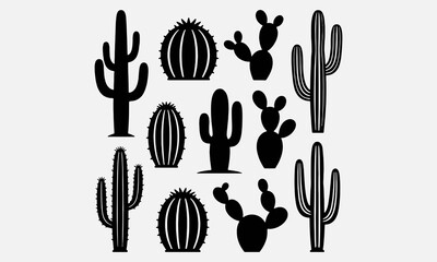 Black cactus silhouette. Desert plant. Different cactus types. Dark cactus icon in west arid landscape © DreamArtPro