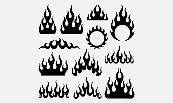 Fire borders. Cartoon flame frame. Hot flaming circle, blazing ignite edges square, fire trail, heat burning rectangle