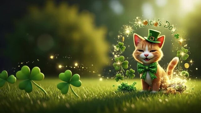 Happy cartoon cat wearing green hat and bow tie with shamrock and pot of gold for St. Patricks Day celebration. Festive kitten illustration for luck.