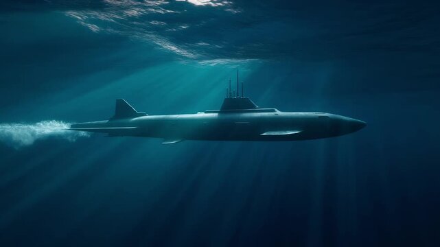 Stealth submarine glides through deep blue ocean.