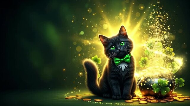 Black cat with green bow tie sitting next to a pot of gold and clovers. Digital art for St. Patricks Day celebration and lucky charm concept.