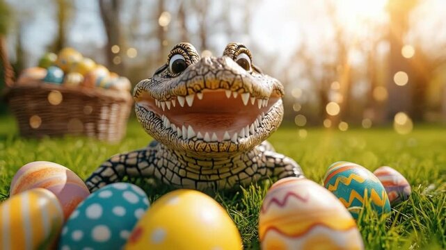 Toy crocodile amid colorful easter eggs in sunlit garden. Easter, Pascha, Paskha, Ostern, Pascua, Paques - Orthodox and Catholic Holiday celebration