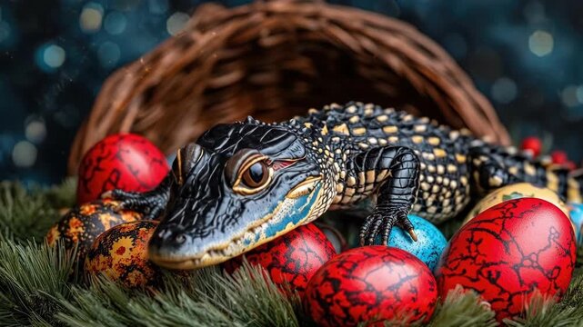 Baby alligator amongst colorful easter eggs in wicker basket. Easter, Pascha, Paskha, Ostern, Pascua, Paques - Orthodox and Catholic Holiday celebration