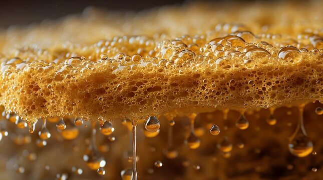 Close-up of a golden sponge dripping with honey from a macro viewpoint