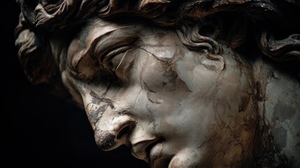Naklejka premium Close-up of an ancient marble sculpture head, highlighting details, cracks, and classical aesthetic