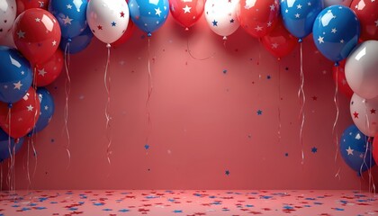 Obraz premium Red white and blue balloons float over a floor covered with star confetti. Festive atmosphere with streamers for a patriotic celebration like Independence Day or Memorial Day.