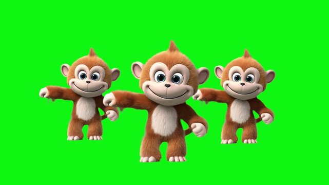 Three stylized cartoon monkeys perform a synchronized dance against a solid green chroma key background. This cheerful 3D animation is perfect for children's content, interactive apps, and festive vid