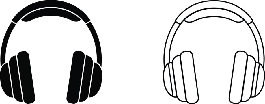 Headphones icon set black and line art isolated on transparent background, Vector
