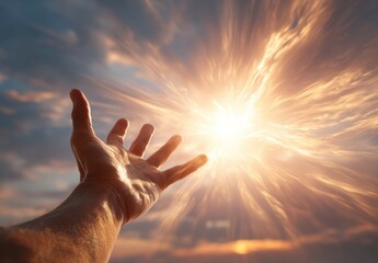 Hand Reaching Towards Bright Glowing Sun in Dramatic Sky.