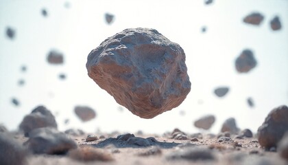 Fototapeta premium Rocks float in space over dusty ground. Asteroids drift in sky creating celestial scene. Cosmic debris orbits planet. Space exploration theme.