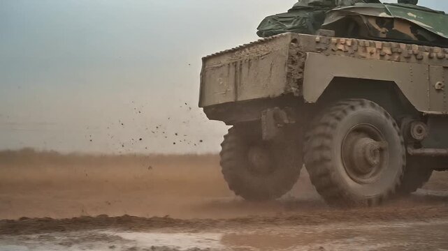 Armored wheeled tank drives across muddy training ground.