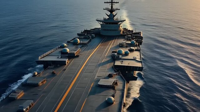 Aerial approach of naval aircraft carrier at golden sunset.
