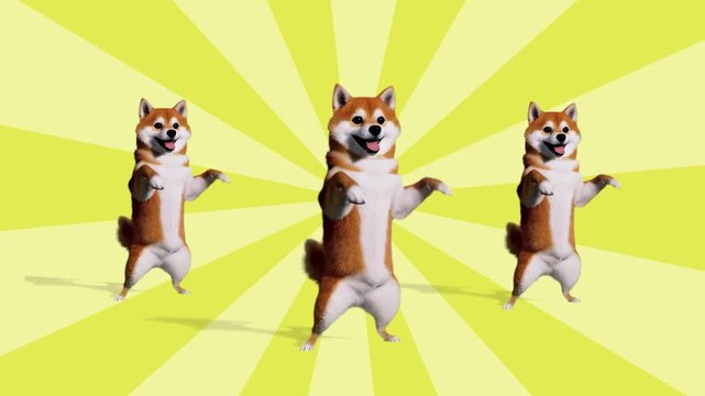 A fun 3D animation of Shiba Inu dogs standing on their hind legs and dancing against a dynamic sunburst pattern. Ideal for energetic social media content and pet-themed memes.