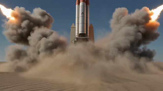 Heavy rocket boosters ignite over desert sands.