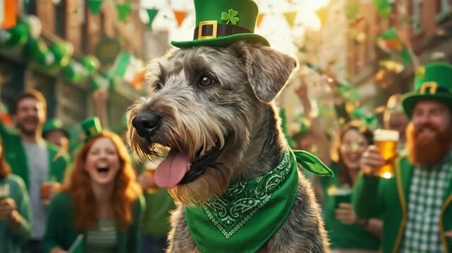 Dog wearing hat and bandana for St Patricks Day, celebrating with people on street. Holiday parade with festivity and joy.