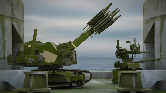 Coastal defense missile turrets on concrete fortress by the sea.