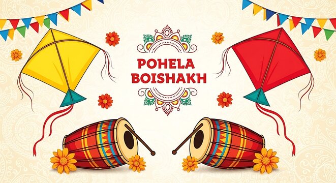 Pohela Boishakh festival celebration with kites drums flowers and bunting  traditional Bengali new year