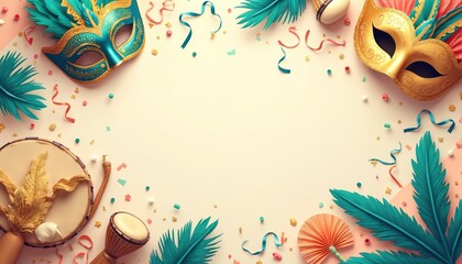 Obraz premium Festive carnival borders with ornate masks and drums. Colorful feathers, ribbons, and confetti create a joyful celebration frame. Ideal for party invitations and festive designs.