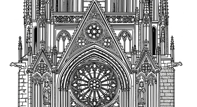 Detailed Gothic Cathedral Facade with Rose Window and Gargoyles.