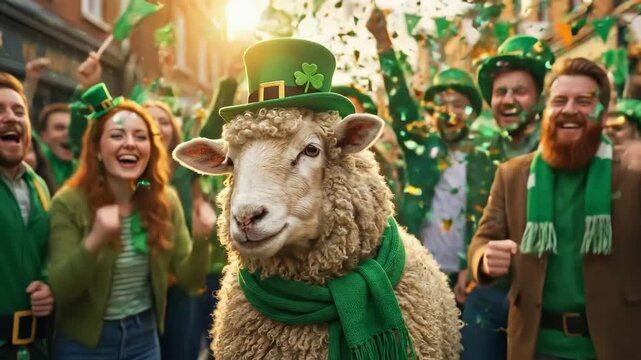 Happy sheep wearing a green hat and scarf at a St Patricks Day celebration with a crowd of cheering men and women in the background.