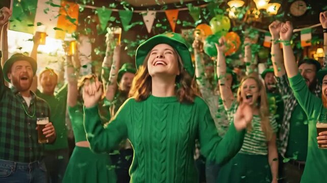 Happy young woman dancing in a pub with friends, celebrating St. Patricks Day with green hat and confetti. Festive atmosphere for a joyful holiday.