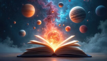 Fototapeta premium Open book reveals solar system with planets and nebulae erupting from pages. Cosmic scene unfolds above open pages showing learning about space and the universe.