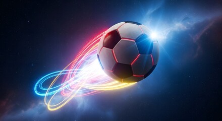 Naklejka premium Soccer ball flying with neon energy trails in cosmic space for sports victory and motion