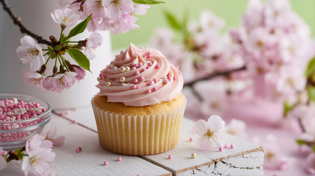Mother&rsquo;s Day cupcake with pink frosting and cherry blossom flowers, pastel spring dessert for celebration and appreciation, AI-generated conceptual illustration