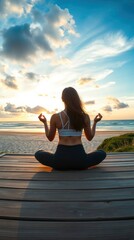 Fototapeta premium Serene woman meditating on a beach at a vibrant sunset.