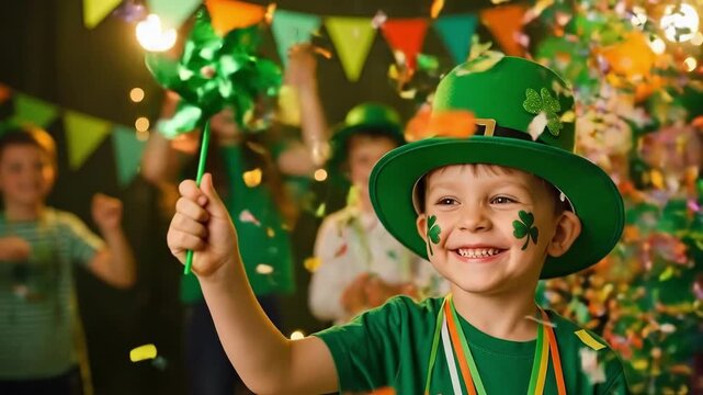 Happy child boy celebrating St Patricks Day. Kid wearing a green hat and shamrock face paint. Festive party concept for holiday card.